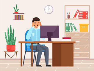 Upset businessman experiencing stress at work because of the bed news and office chaos. Man sitting at a table with computer looking at the monitor, character holding his head with his hands in fear