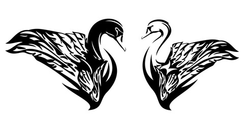 side view swan bird head and wing - black and white vector design