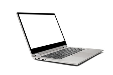 Silver gray color modern laptop (side view) with blank screen isolated on white background with...