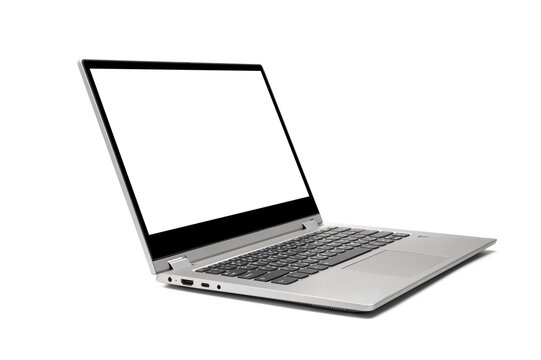 Silver gray color modern laptop (side view) with blank screen isolated on white background with clipping path