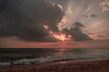 Krajobraz zachodzącego słońca na tle piaszczystej plaży i oceanu w różowo niebieskich...