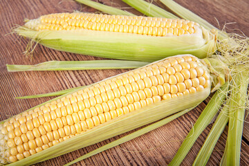 Corn on the cob on a wooden background. View from another angle in the portfolio.