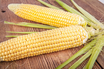 Corn on the cob on a wooden background. View from another angle in the portfolio.