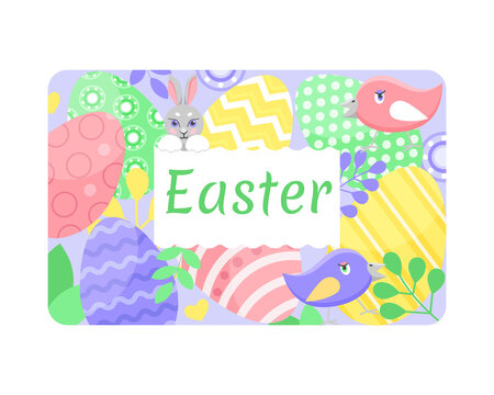 Easter vector card, easter bunny, eggs in bright colors and cute birds.
