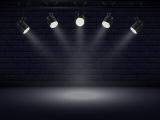 Spotlights with bright white light shining stage. Collections projectors with Illuminated effect . Set of projector for studio with brick wall. Vector illustration