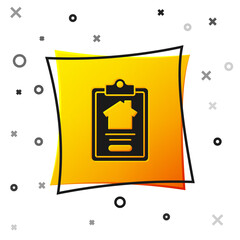 Black House contract icon isolated on white background. Contract creation service, document formation, application form composition. Yellow square button. Vector.