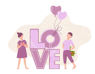 Vector romantic card with love letters and young couple. A boy gifts a flowers to the girl.  Happy Valentines day banner.