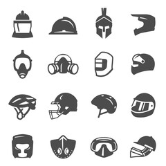 Helmets for sport, motorbike, bicycle, fencing, fire fighting and masks bold black silhouette icon set.