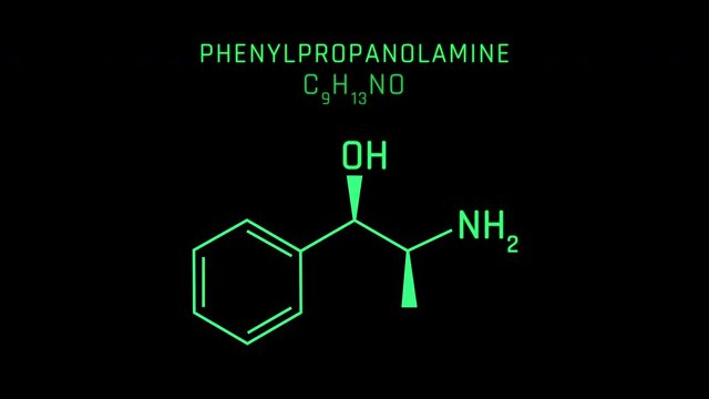 Phenylpropanolamine or PPA Molecular Structure Symbol Neon Animation on black background