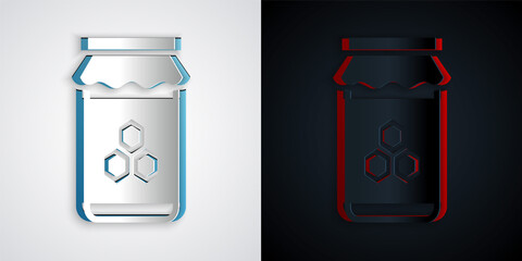 Paper cut Jar of honey icon isolated on grey and black background. Food bank. Sweet natural food symbol. Paper art style. Vector.