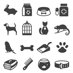 Pet shop bold black silhouette icons set isolated on white. Animal companions care products.