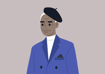 A portrait of an elegant senior Black man wearing a classic outfit, age and lifestyle