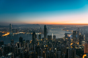 City skyline of Hong Kong during sunrise.