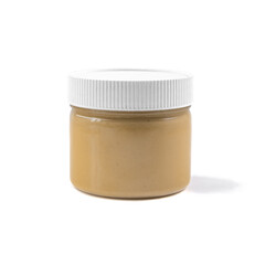 A jar of peanut butter. White background. Isolated. Close-up.