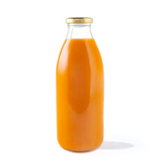 Sea buckthorn juice in a glass bottle. White background. Isolated.
