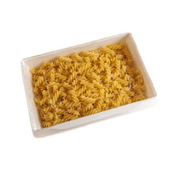 Pasta in a box. Delivery of products. White background. Isolated.