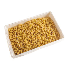 Pasta in a box. Delivery of products. White background. Isolated.