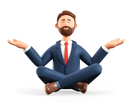 3D illustration of meditating man sitting on the floor. Cartoon smiling businessman in yoga lotus position, isolated on white.