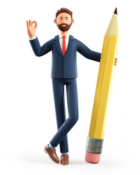 3D illustration of smiling creative man holding big pencil and showing ok gesture. Cartoon standing bearded businessman with okay sign and giant pen, isolated on white.