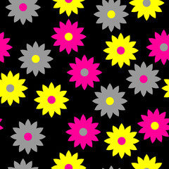 Web Floral vector seamless pattern on the black background with yellow, grey and yellow elements. For textile, print