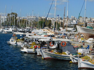 June 2019, Alimos, Athens, Greece. Fishing boats in a marina
