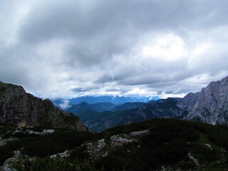 Fototapeta na wymiar View of Karavanke mountains and Julian alps in clouds in Slovenia