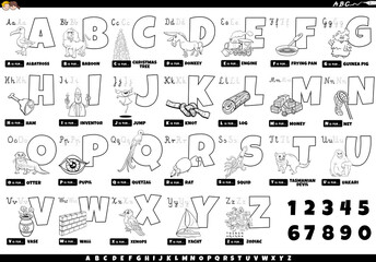 black and white alphabet with cartoon characters and objects set