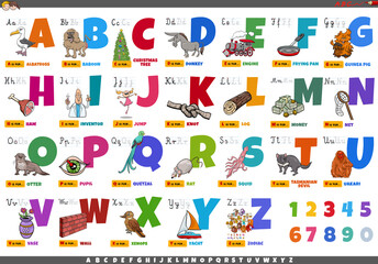 alphabet with cartoon characters and objects educational set