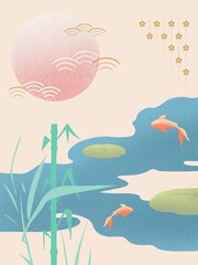 Naklejka na ściany i meble Japanese classic art background template. Asian oriental drawing. Lake, koi fish and bamboo. Sun and traditional japanese and chinese pattens and ornaments. Edo period japanese painting 