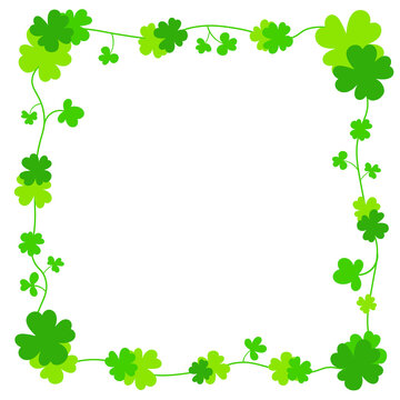 Frame with clover leaves,magical plants.Decoration for St. Patrick's Day with quatrefoils and trefoils. Irish traditional postcard with shamrock.Free space for your text or picture.