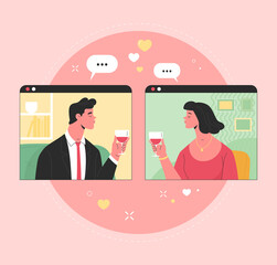 Celebrating Valentine's Day online. Vector modern flat style illustration of a man and woman in elegant clothes having a date by video call. Isolated on background