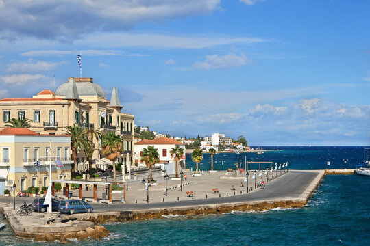 Spetses town, partial view of the port of the Spetses island, in Saronic Gulf, Attica, Greece, Europe.