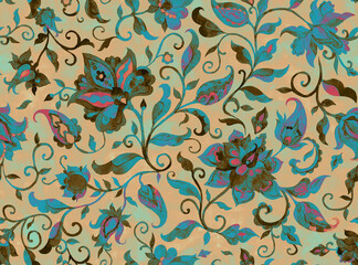 Paisley watercolor floral pattern tile: flowers, flores, tulips, leaves. Oriental indian traditional hand painted water color whimsical seamless print, ceramic design. Abstract india batik background