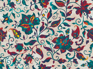 Paisley watercolor floral pattern tile: flowers, flores, tulips, leaves. Oriental indian traditional hand painted water color whimsical seamless print, ceramic design. Abstract india batik background
