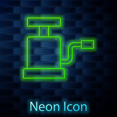 Glowing neon line Car air pump icon isolated on brick wall background. Vector.