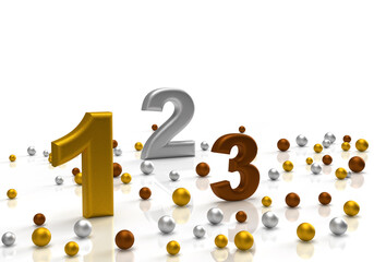Abstract ball of gold, bronze and silver colors and 1, 2, 3, number on an isolated background.