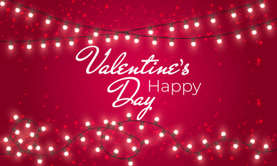 Happy Valentine's Day banner with shining lights garland, light bulbs on pink background. Valentine's Day card.