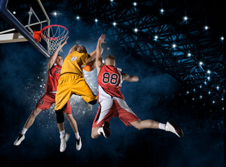 Basketball players in arena. Two image of the same model