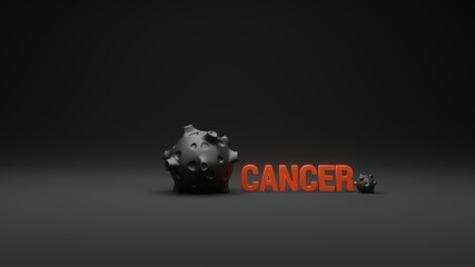 Cells Cancer Illustration with Lettering. 3D Rendering in Dark Background with Copy Space