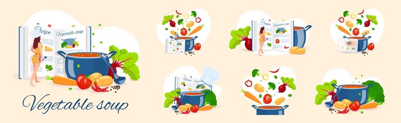 Set of cooking vegetable soup. Pan with soup, Chef, Recipe book and Vegetables. Recipes, homemade food, food preparation, learning concept. Vector illustration for flyer, poster, banner.