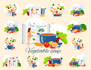 Set of cooking vegetable soup. Pan with soup, Chef, Recipe book and Vegetables. Recipes, homemade food, food preparation, learning concept. Vector illustration for flyer, poster, banner.
