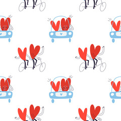 Seamless pattern with cartoon hearts on a tandem bike. Couples in love are driving a car. Vector stock illustration Valentine's day on a white background.