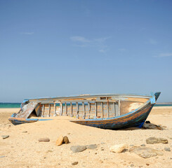 Small wood boat patera in the Strait of Gibraltar illegal immigration southern Europe 