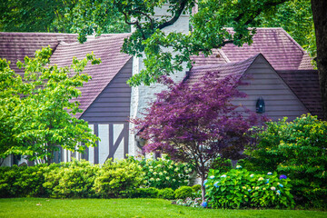 Modern half timbered house almost hidden behind shubbery and hydrangeas and landscape trees - beautiful summer scene