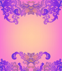 Vintage baroque floral patterned frame in bright neon colors. 1980s style. Ornate vector decoration. Luxury, royal and Victorian concept. Vintage design. Heraldic floral texture.