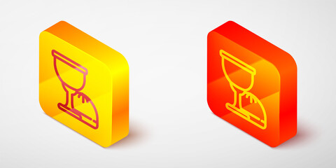 Isometric line Holy grail or chalice icon isolated on grey background. Christian chalice. Christianity icon. Yellow and orange square button. Vector.