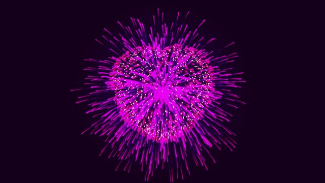 Close-up of a festive salute, fireworks in the form of stars, hearts, colorful lights on perple background. 3d illustration. Happy Valentine's Day