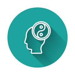 White line Yin Yang symbol of harmony and balance icon isolated with long shadow background. Green circle button. Vector.