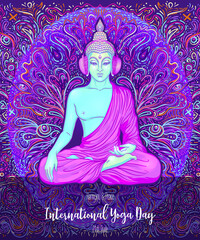 Yoga card, flyer, poster, mat design. Colorful design template for spiritual retreat or yoga studio. Ornamental business cards, oriental pattern. Vector illustration.