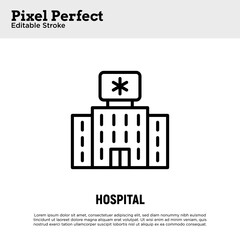 Hospital building thin line icon. Nursing house, geriatrics. Pixel perfect, editable stroke. Vector illutration.